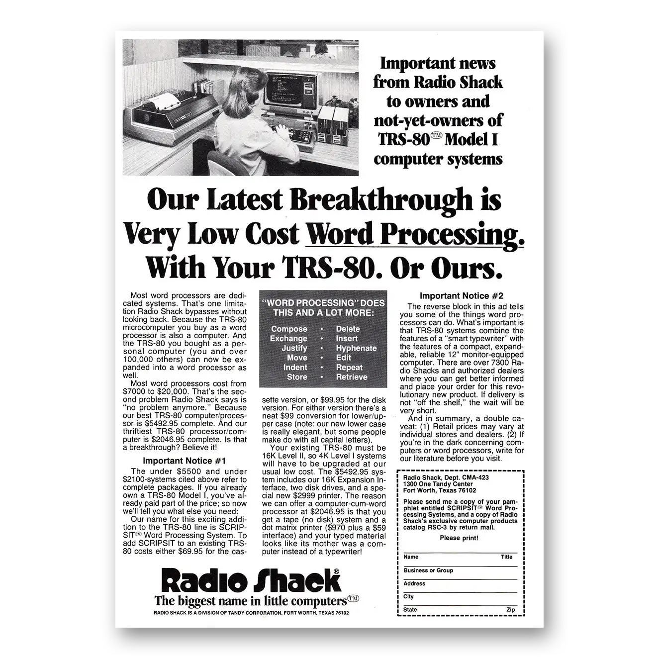 1980 Radio Shack TRS80 Computer Breakthrough Word Processing Vintage Magazine Print Ad