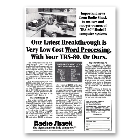 1980 Radio Shack TRS80 Computer Breakthrough Word Processing Vintage Magazine Print Ad