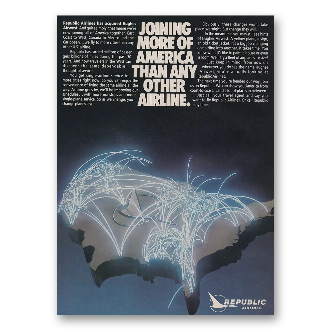 1980 Republic Airlines Joining More of America Vintage Magazine Print Ad