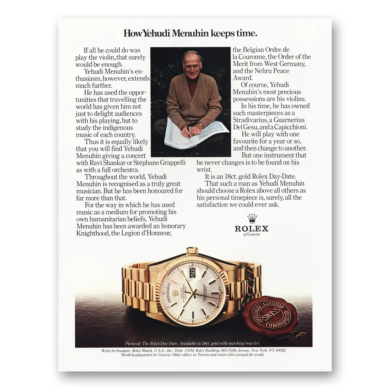 1984 Rolex How Yehudi Menuhin Keeps Time Vintage Magazine Print Ad