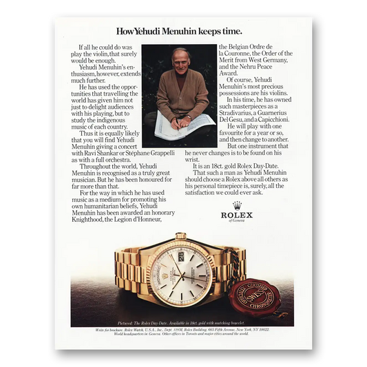 1984 Rolex How Yehudi Menuhin Keeps Time Vintage Magazine Print Ad