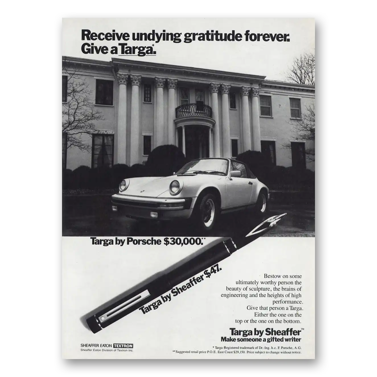 1980 Sheaffers Targa Pen Porsche Undying Gratitude Forever Vintage Magazine Print Ad