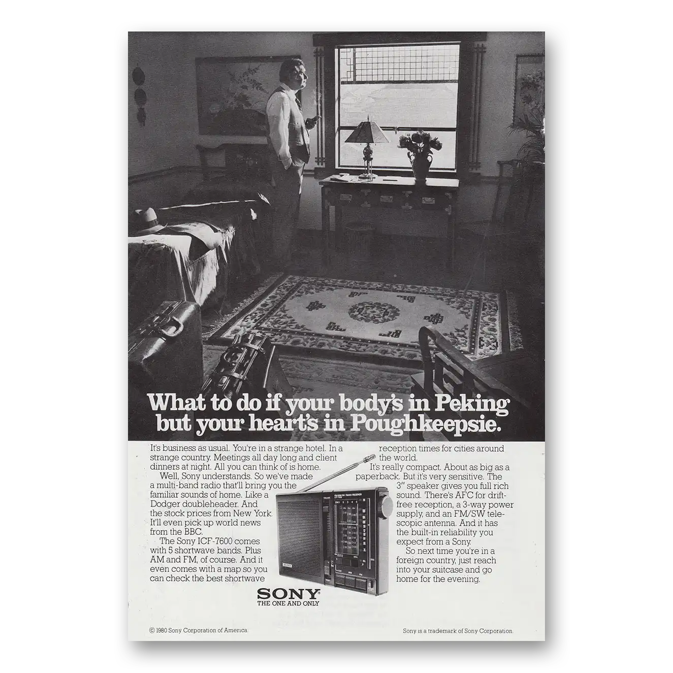 1980 Sony Radio Your Bodys In Peking But Your Hearts In Poughkeepsie Vintage Magazine Print Ad