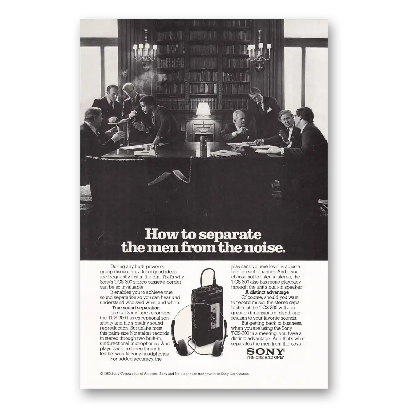 1980 Sony Cassette Corder Separate the Men From the Noise Vintage Magazine Print Ad