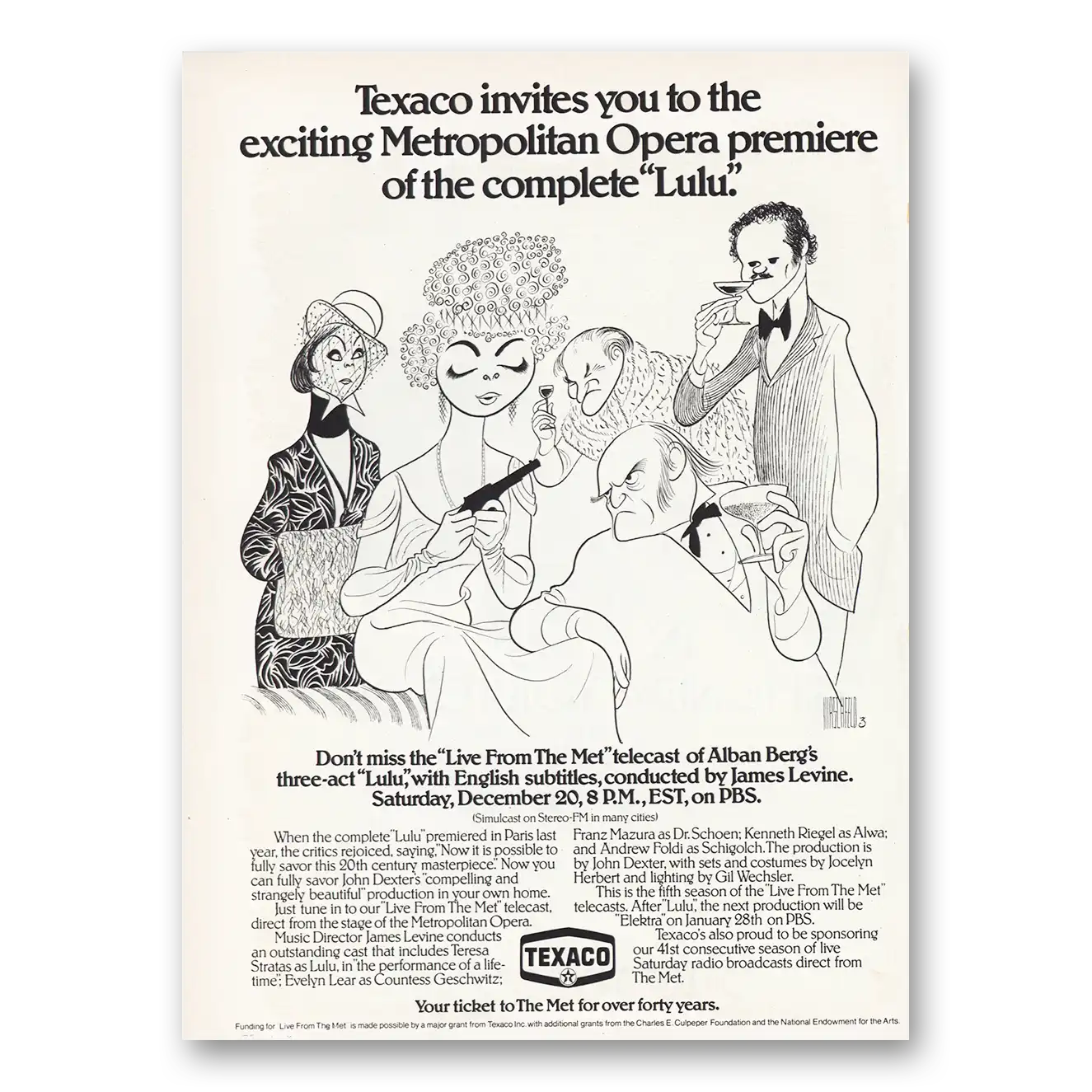 1980 Texaco Metropolitan Opera Lulu Vintage Magazine Print Ad