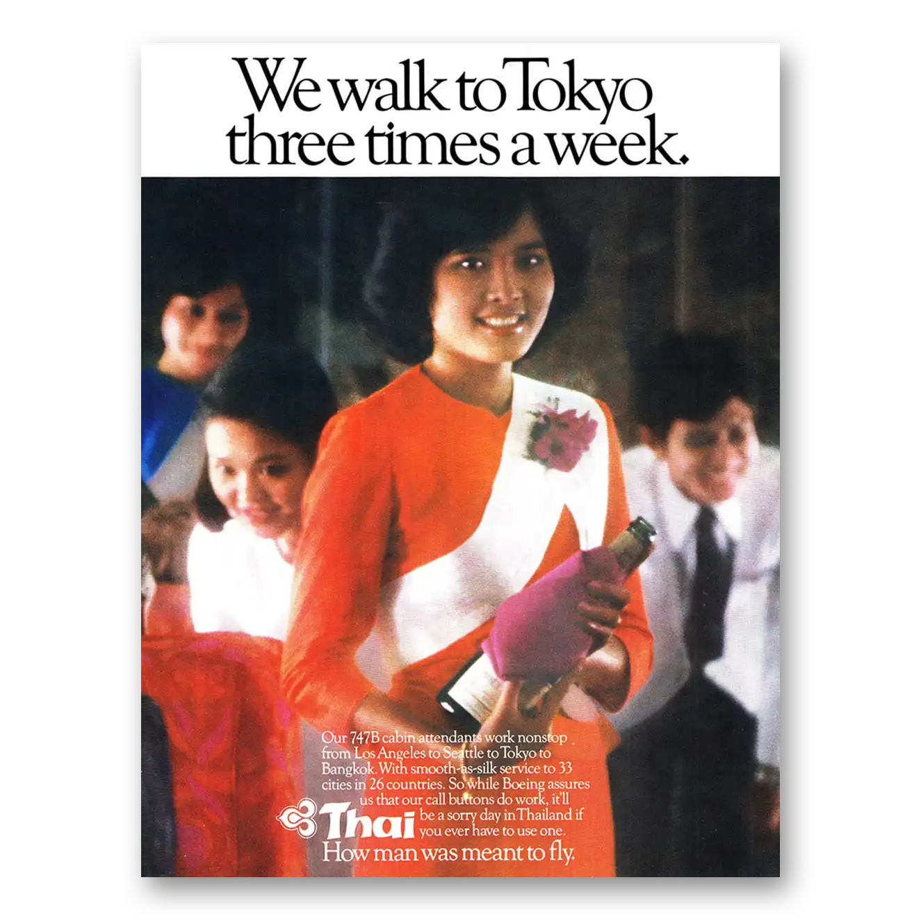 1980 Thai Airlines We Walk to Tokyo Three Times a Week Vintage Magazine Print Ad