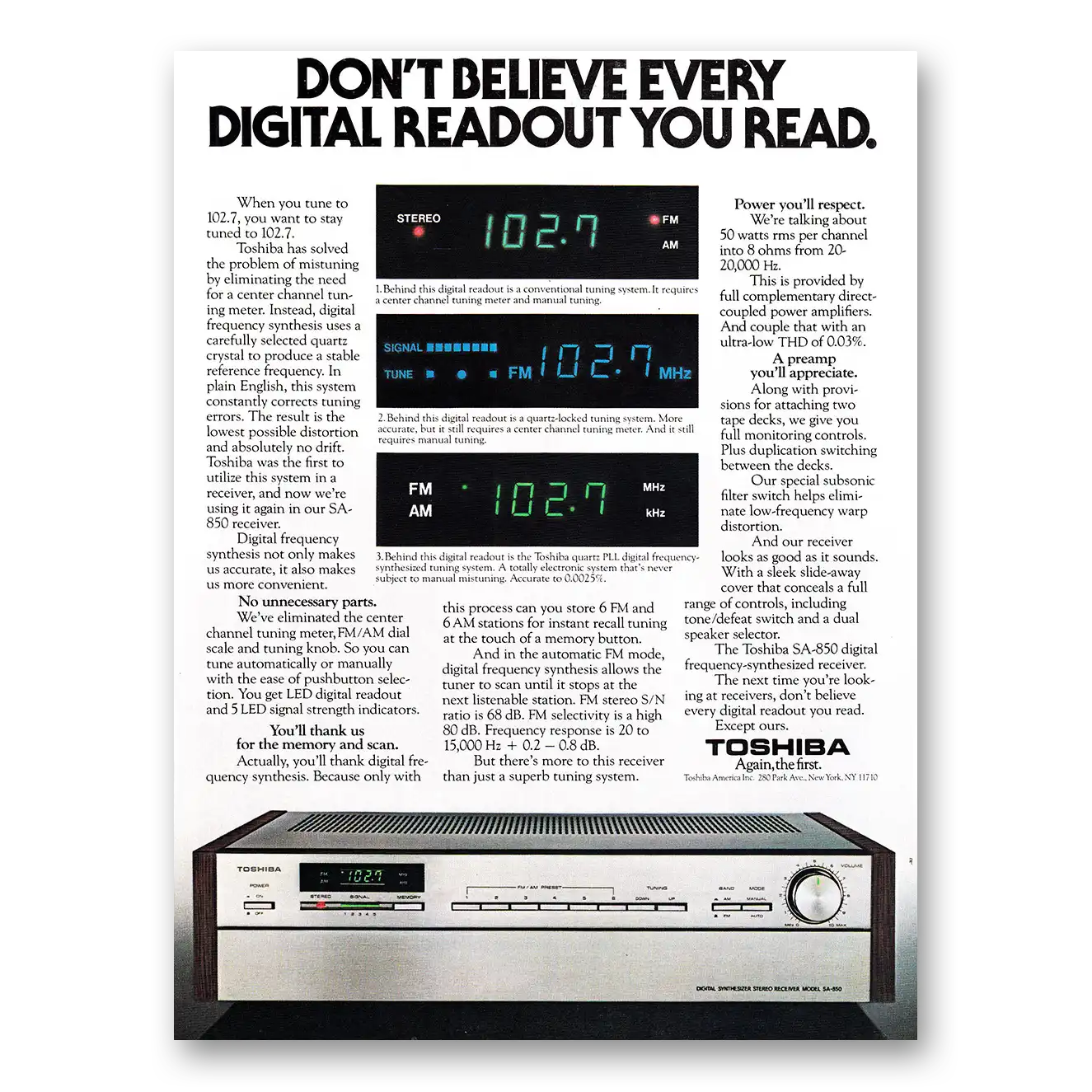 1980 Toshiba Receiver Don't Believe Every Digital Readout You Read Vintage Magazine Print Ad