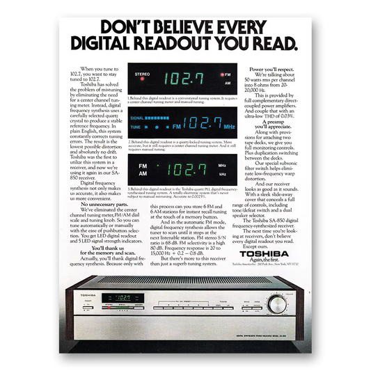 1980 Toshiba Receiver Don't Believe Every Digital Readout You Read Vintage Magazine Print Ad