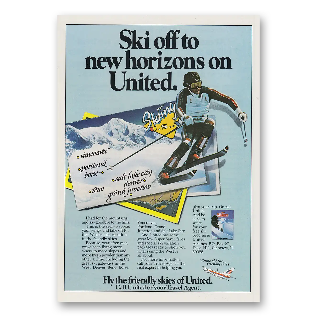 1980 United Airlines Ski Off to New Horizons Vintage Magazine Print Ad