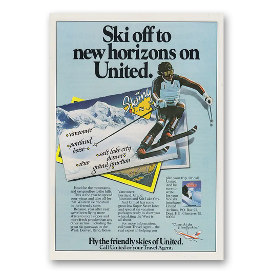 1980 United Airlines Ski Off to New Horizons Vintage Magazine Print Ad