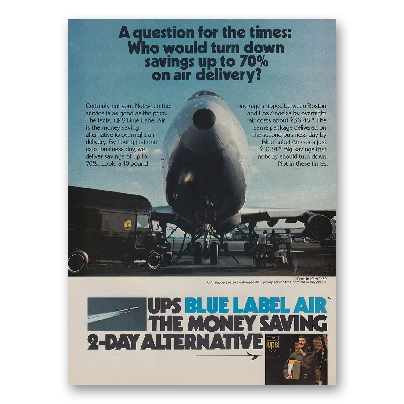 1980 UPS Blue Label Air A Question for the Times Vintage Magazine Print Ad