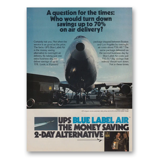 1980 UPS Blue Label Air A Question for the Times Vintage Magazine Print Ad