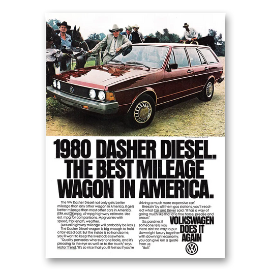 1980 Volkswagen Dasher Diesel Best Mileage Wagon in America Vintage Magazine Print Ad