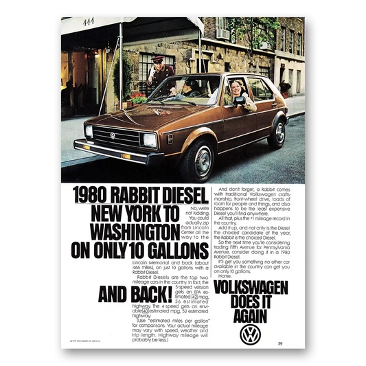 1980 Volkswagen Rabbit New York to Washington Vintage Magazine Print Ad