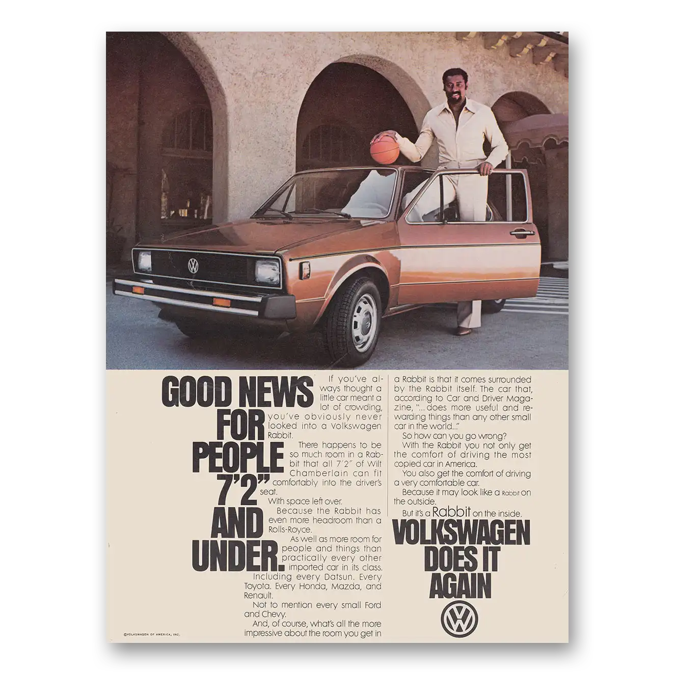 1979 Volkswagen Rabbit Good New For People Wilt Chamberlain Vintage Magazine Print Ad