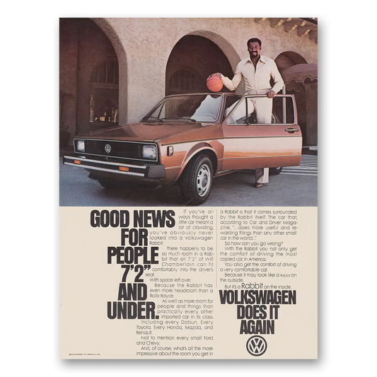 1979 Volkswagen Rabbit Good New For People Wilt Chamberlain Vintage Magazine Print Ad