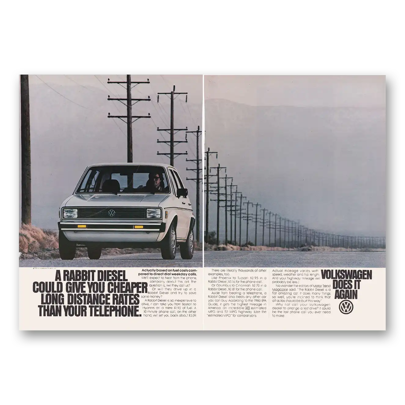 1979 Volkswagen Rabbit Diesel Give You Cheaper Long Distance Vintage Magazine Print Ad