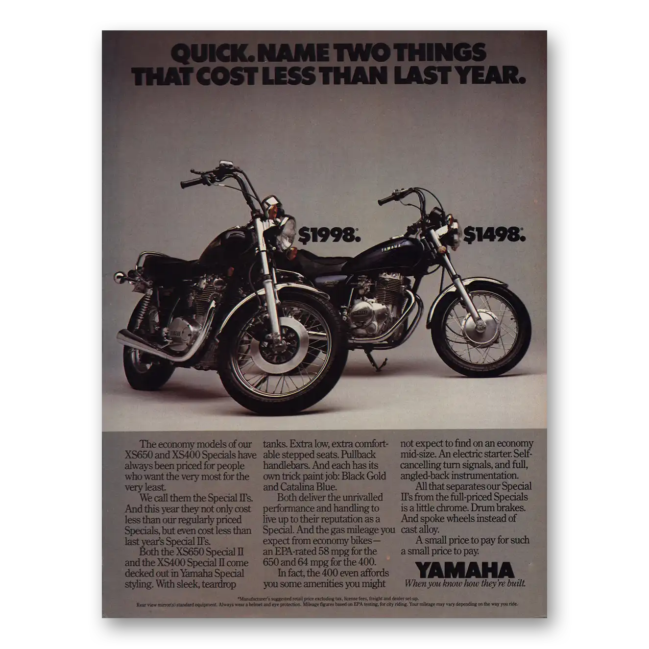 1980 Yamaha Motorcycles Name Two Things That Cost Less Vintage Magazine Print Ad