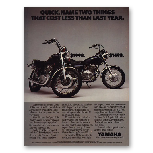 1980 Yamaha Motorcycles Name Two Things That Cost Less Vintage Magazine Print Ad