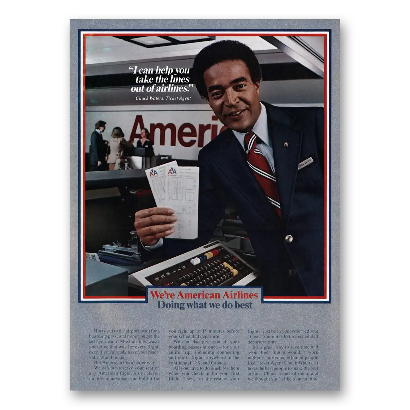 1981 American Airlines Chuck Waters Ticket Agent Vintage Magazine Print Ad