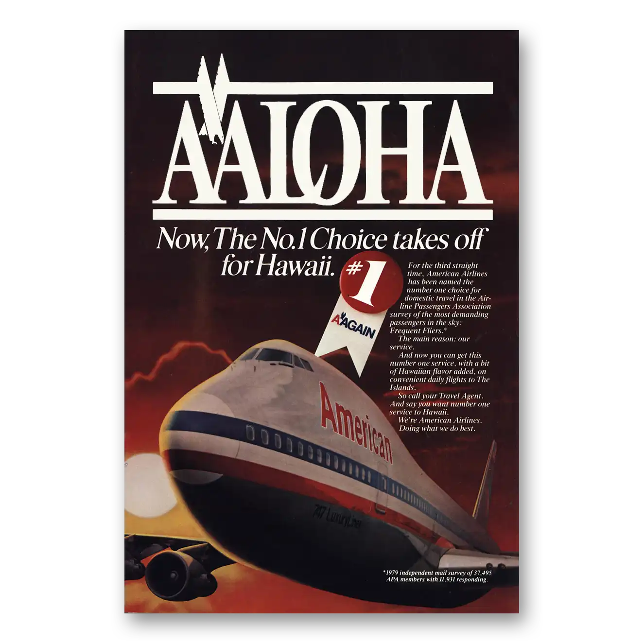 1981 American Airlines Aloha Takes Off for Hawaii 747 Vintage Magazine Print Ad