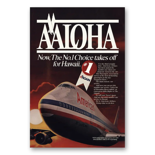 1981 American Airlines Aloha Takes Off for Hawaii 747 Vintage Magazine Print Ad