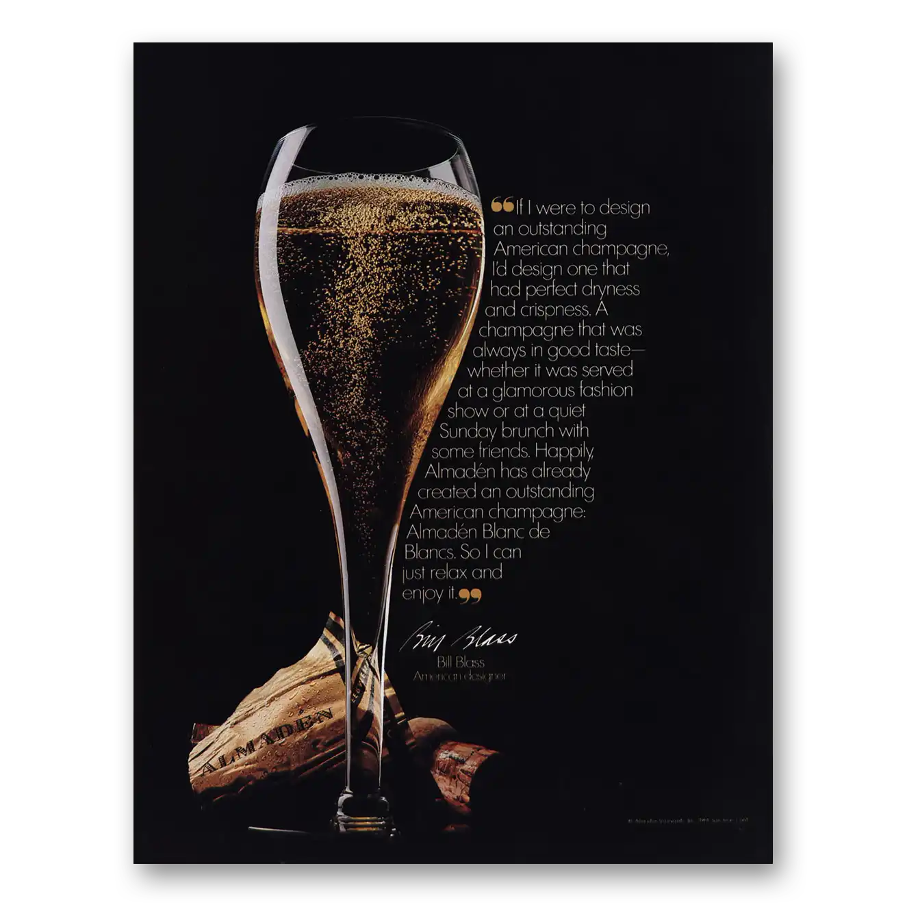 1981 Almaden Blanc de Blancs Bill Blass Vintage Magazine Print Ad