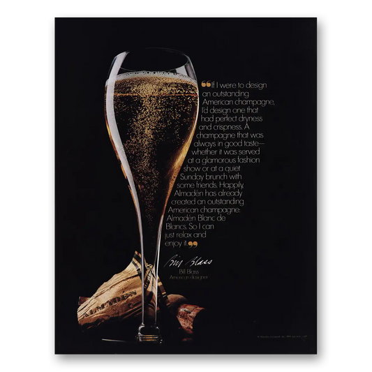 1981 Almaden Blanc de Blancs Bill Blass Vintage Magazine Print Ad