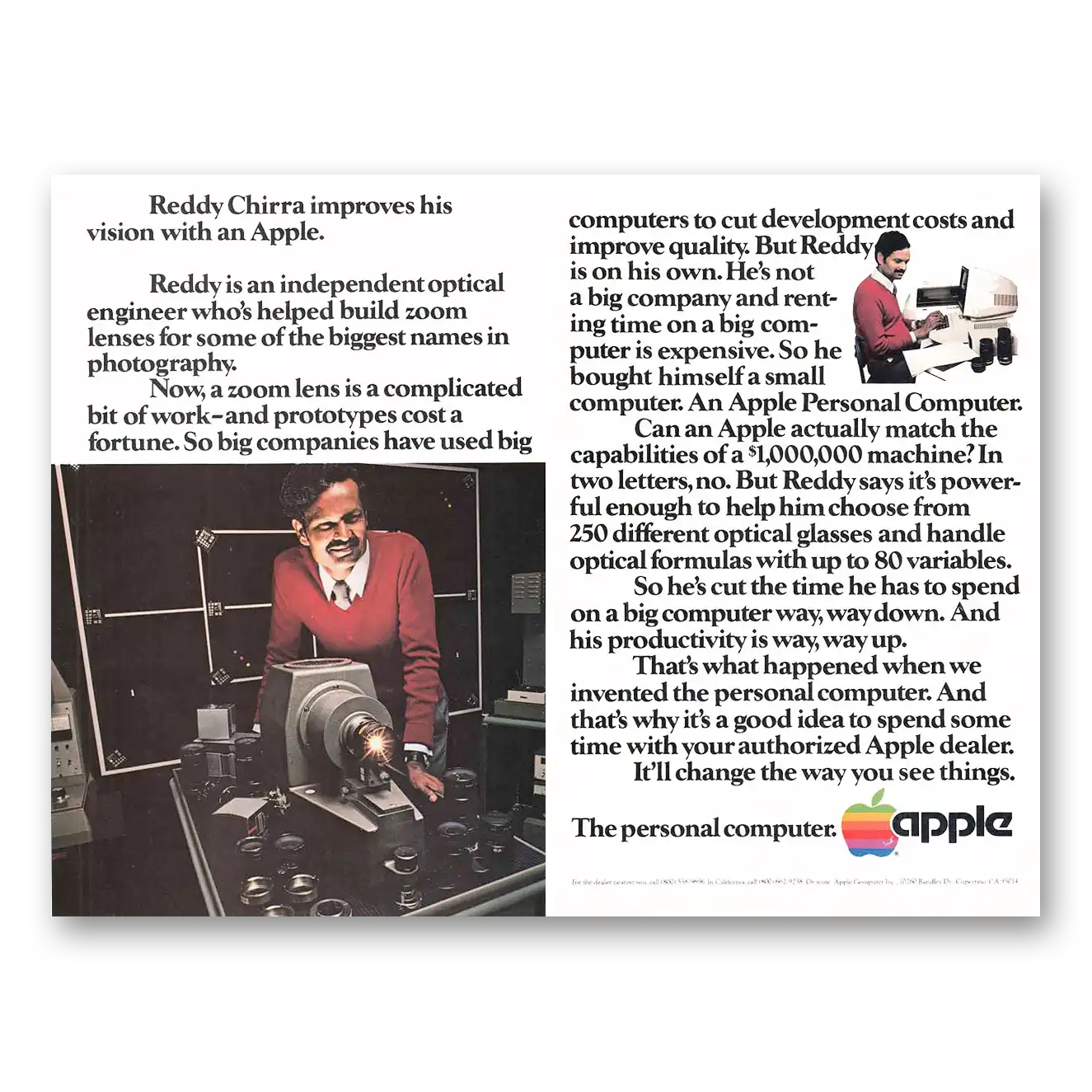 1981 Apple Computer Reddy Chirra Improves His Vision with an Apple Vintage Magazine Print Ad