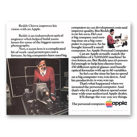 1981 Apple Computer Reddy Chirra Improves His Vision with an Apple Vintage Magazine Print Ad