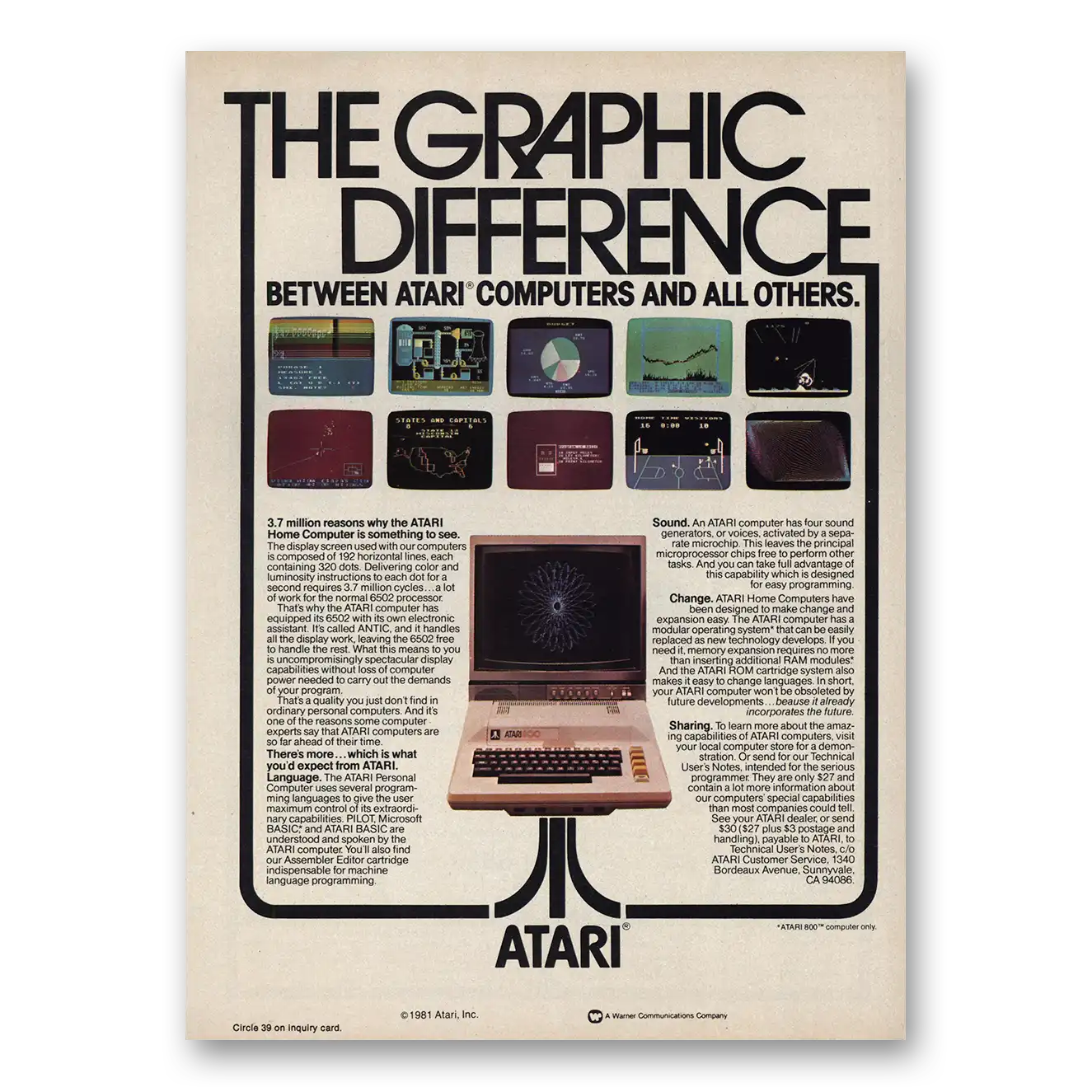 1981 Atari The Graphic Difference Vintage Magazine Print Ad