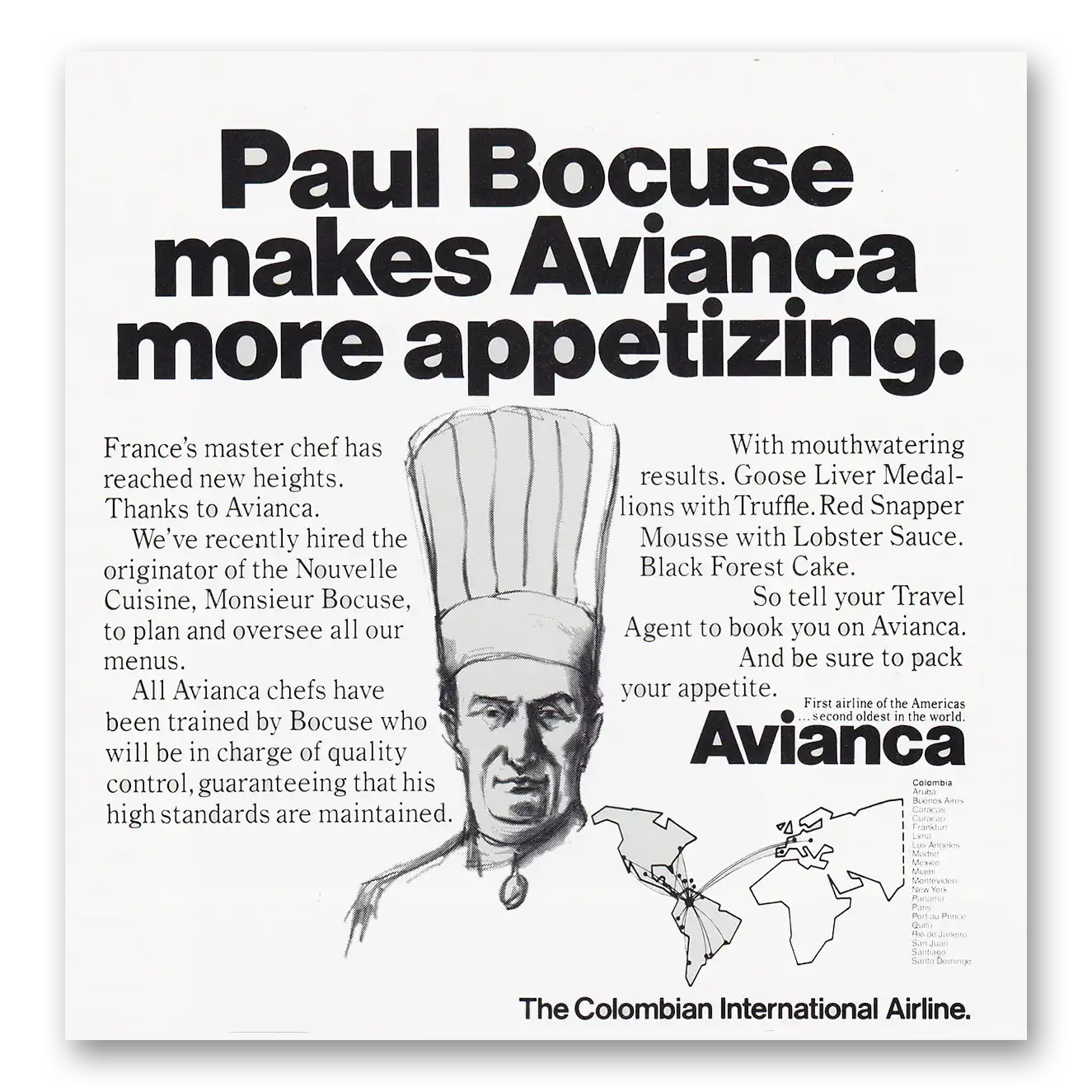 1981 Avianca Airlines Paul Bocuse Makes Avianca More Appetizing Vintage Magazine Print Ad