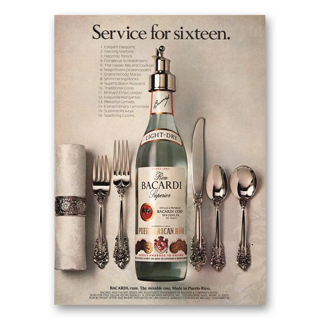 1981 Bacardi Service for Sixteen Vintage Magazine Print Ad