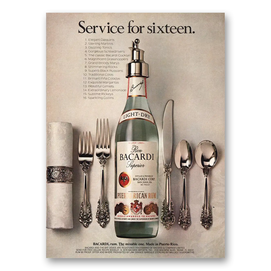 1981 Bacardi Service for Sixteen Vintage Magazine Print Ad