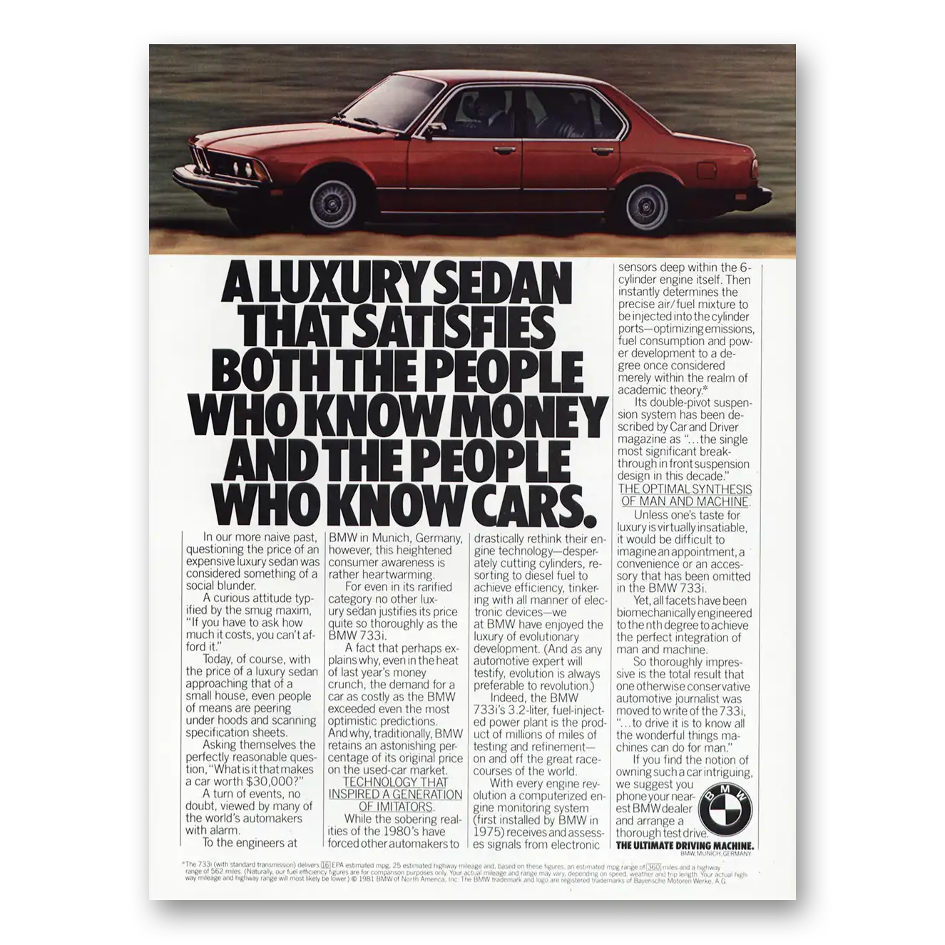 1981 BMW 7 Series Luxury Sedan That Satisfies People Who Know Money Vintage Magazine Print Ad