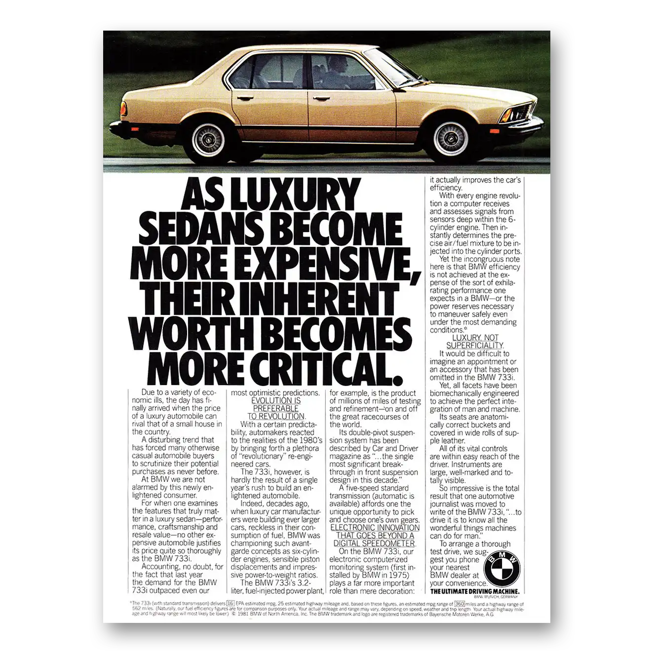 1981 BMW 7 Series Luxury Sedans Become More Expensive Vintage Magazine Print Ad