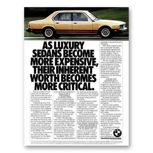 1981 BMW 7 Series Luxury Sedans Become More Expensive Vintage Magazine Print Ad