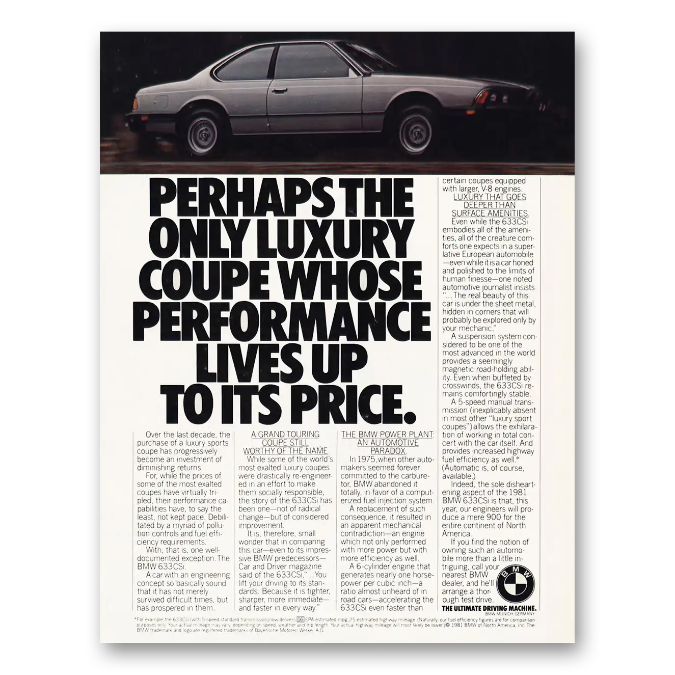 1981 BMW 6 Series Only Luxury Coupe Whose Performance Lives Up to Its Price Vintage Magazine Print Ad