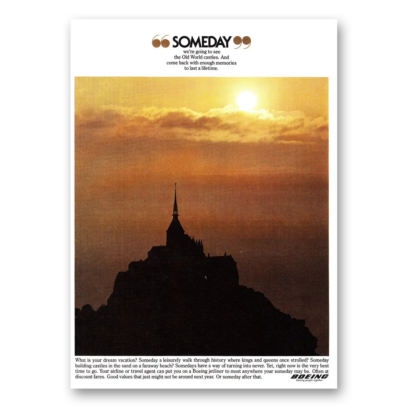 1981 Boeing Someday We're Going to See the Old World Castles Vintage Magazine Print Ad