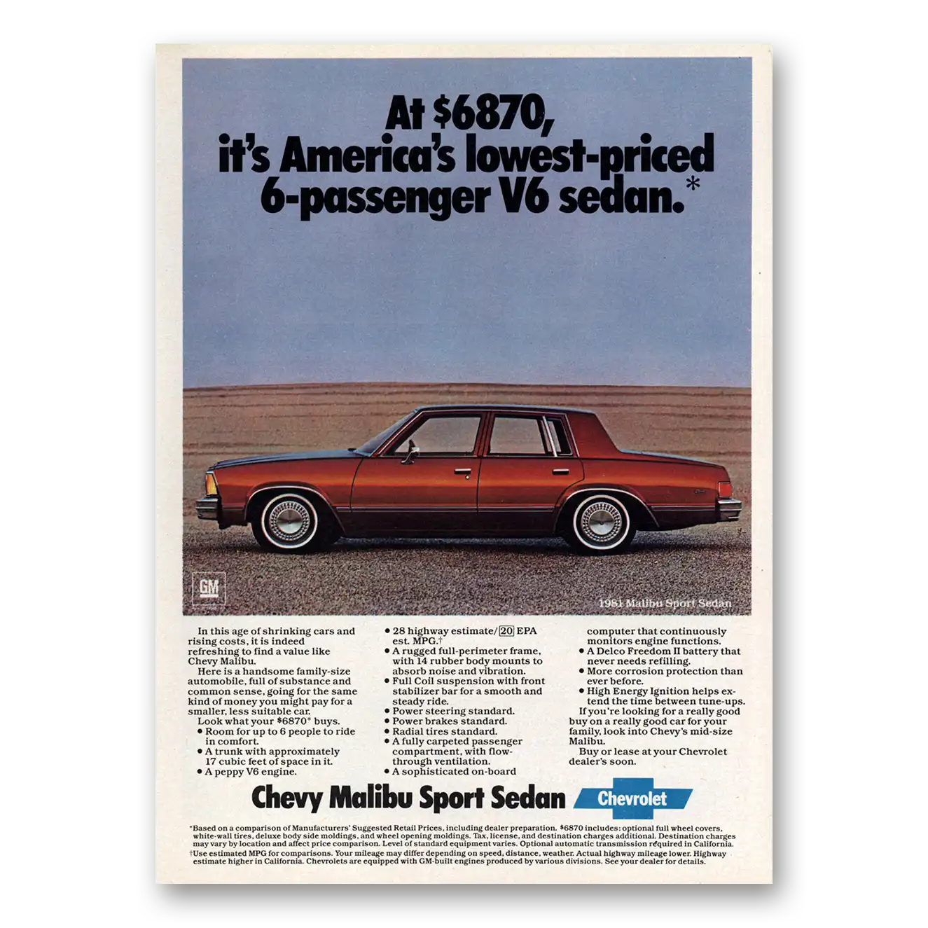 1981 Chevrolet Malibu Americas Lowest Price 6 Passenger Vintage Magazine Print Ad