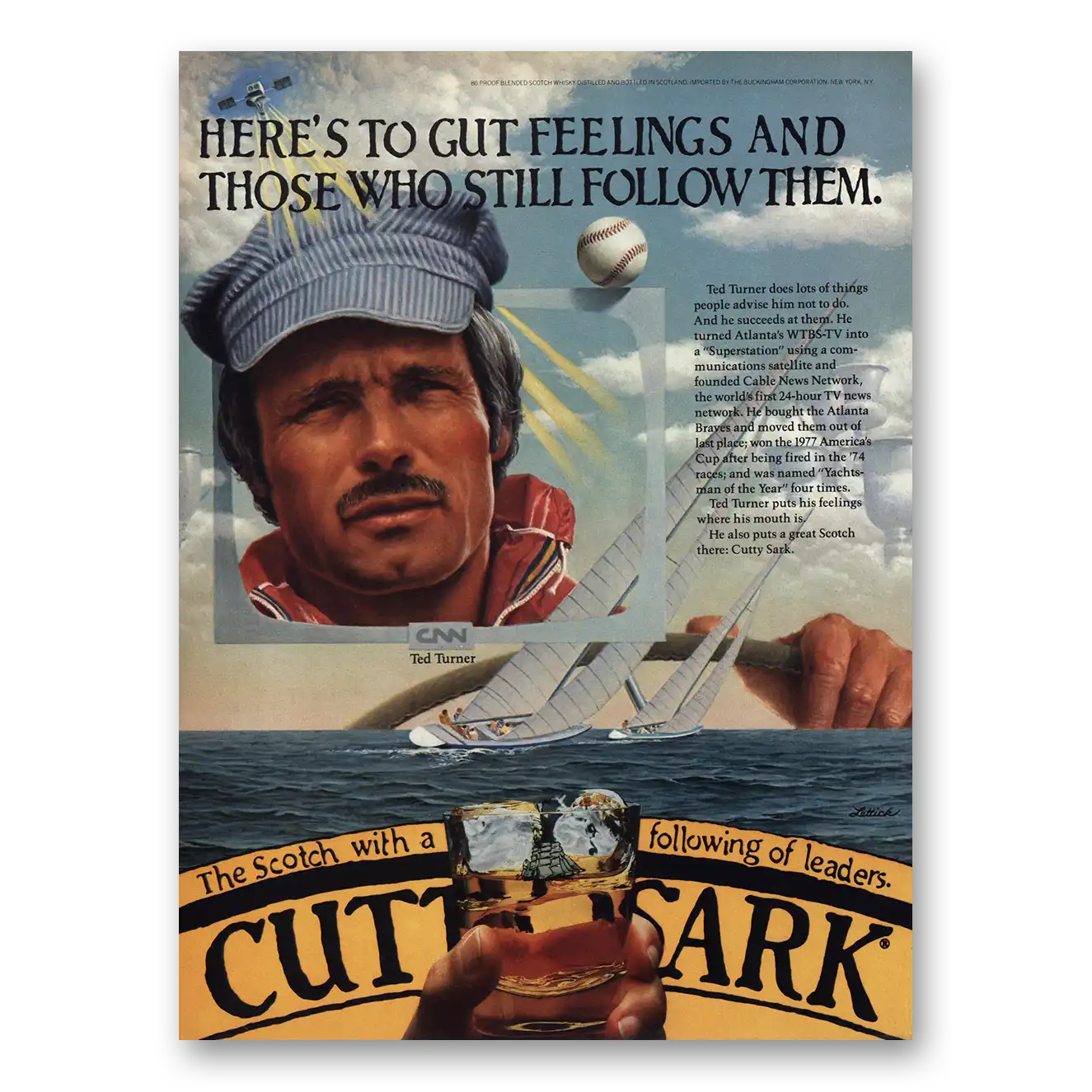 1981 Cutty Sark Ted Turner Gut Feelings Vintage Magazine Print Ad