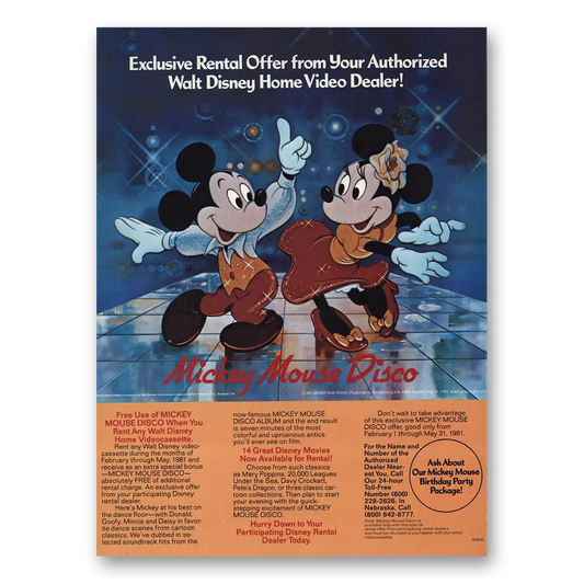 1981 Mickey Mouse Disco Promo Home Video Dealer Vintage Magazine Print Ad