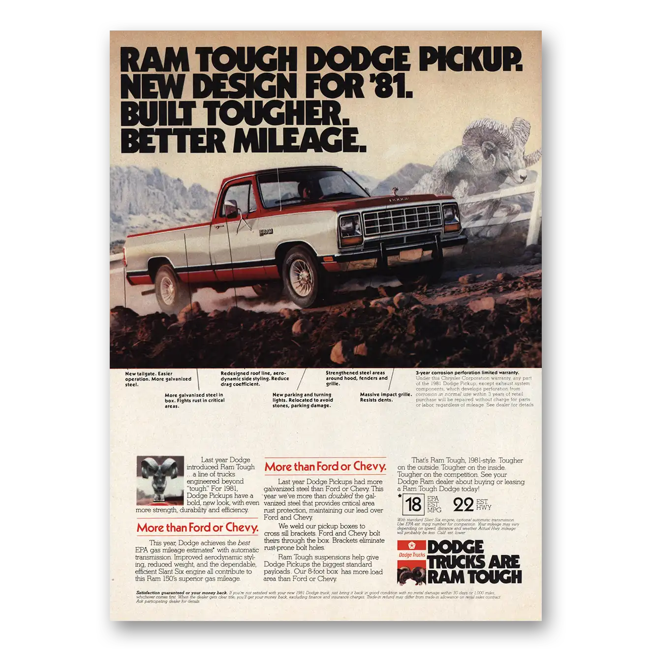 1981 Dodge Trucks Built Tougher Better Mileage Vintage Magazine Print Ad