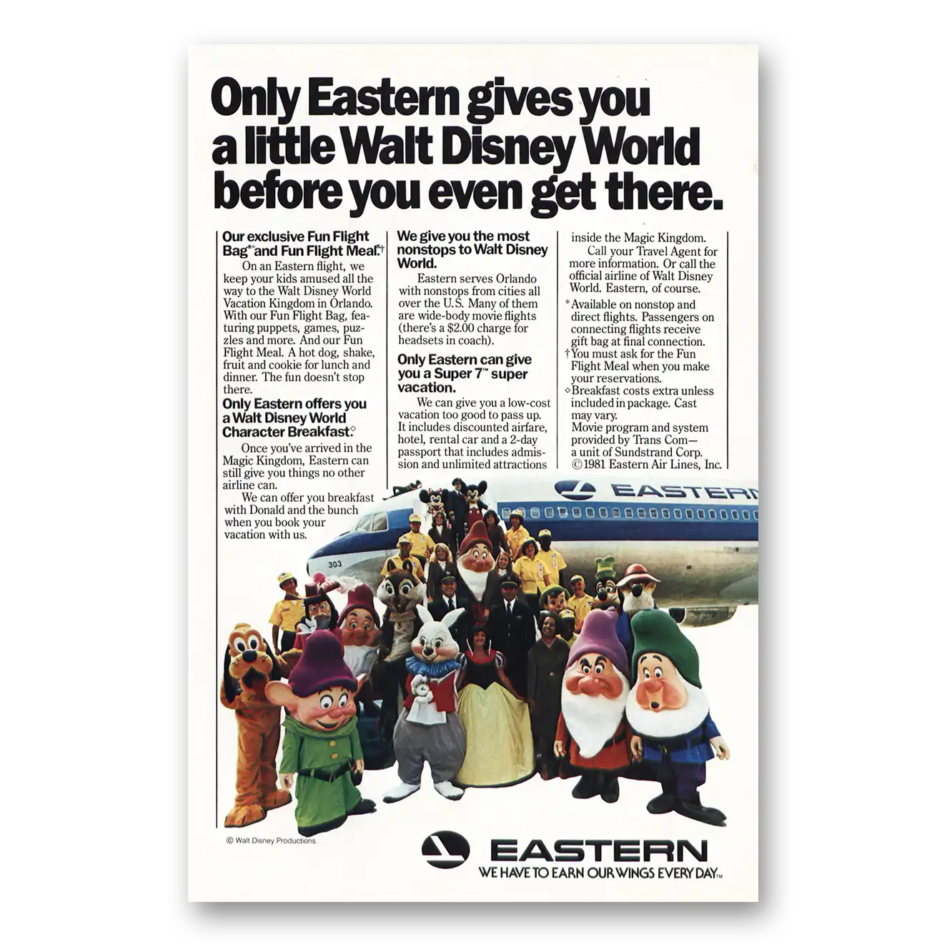 1981 Eastern Airlines Walt Disney World Characters Vintage Magazine Print Ad