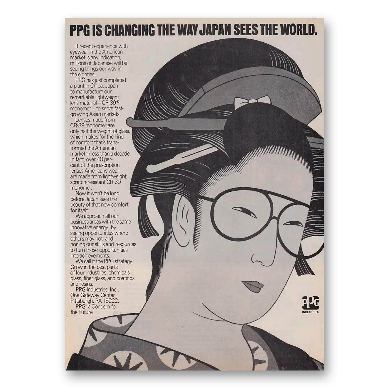 1981 PPG Pittsburgh Plate Glass Changing the Way Japan Sees the World Vintage Magazine Print Ad