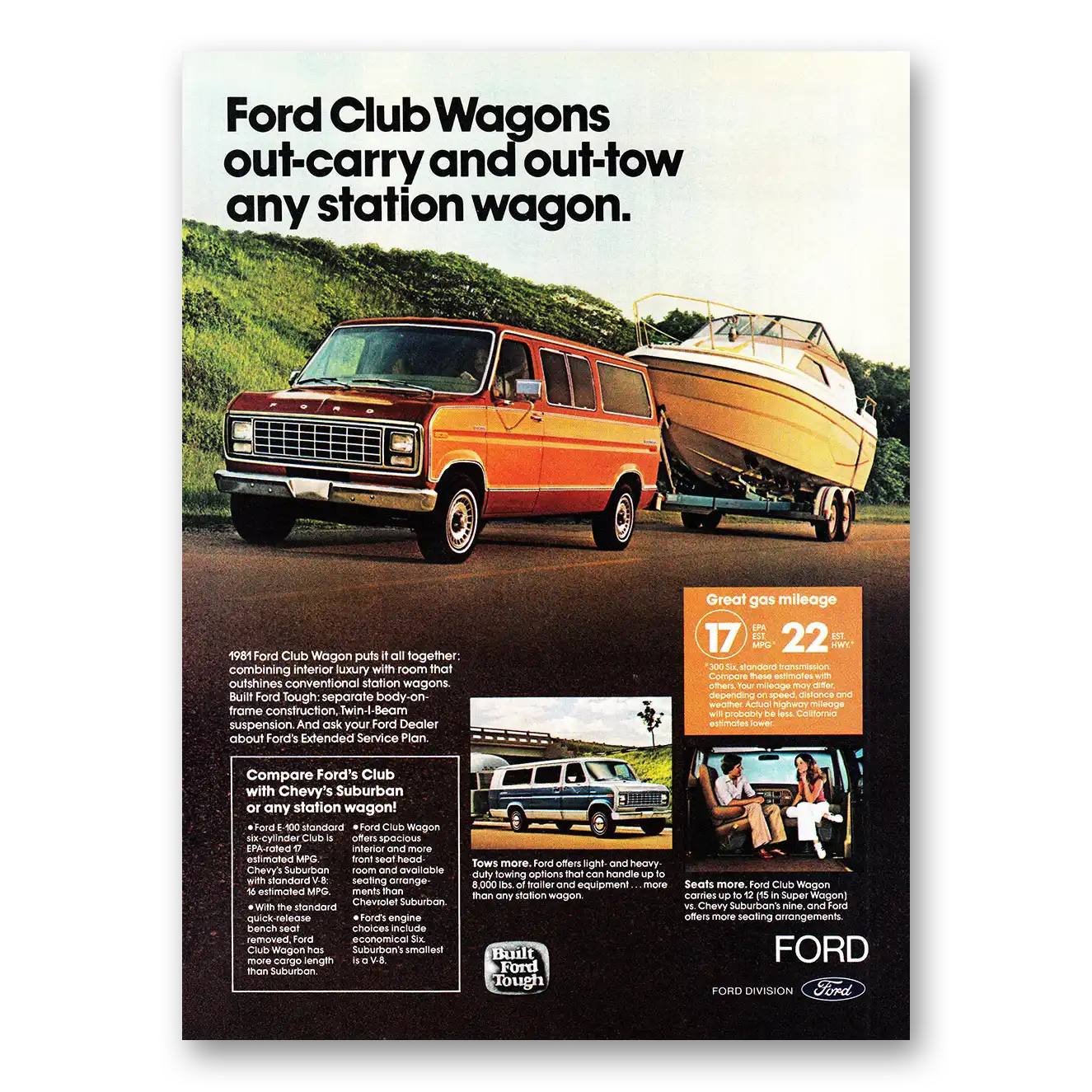 1981 Ford Club Wagon Out Carry and Out Tow Vintage Magazine Print Ad