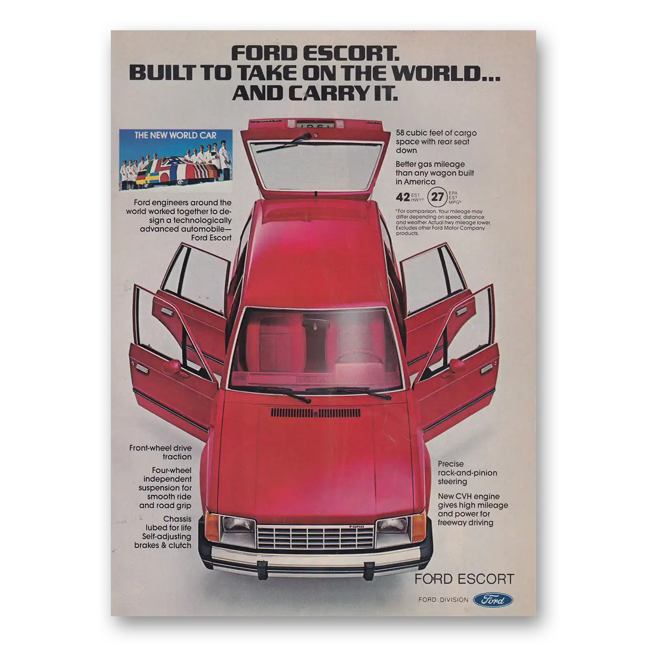 1981 Ford Escort Built to Take On the World and Carry It Vintage Magazine Print Ad