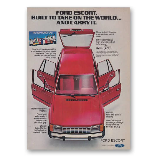 1981 Ford Escort Built to Take On the World and Carry It Vintage Magazine Print Ad