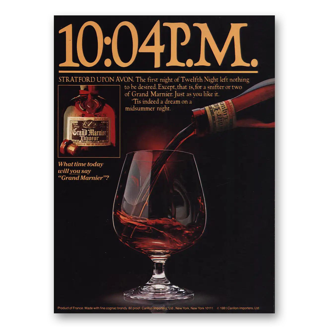 1981 Grand Marnier 10:04 PM Stratford Upon Avon Vintage Magazine Print Ad