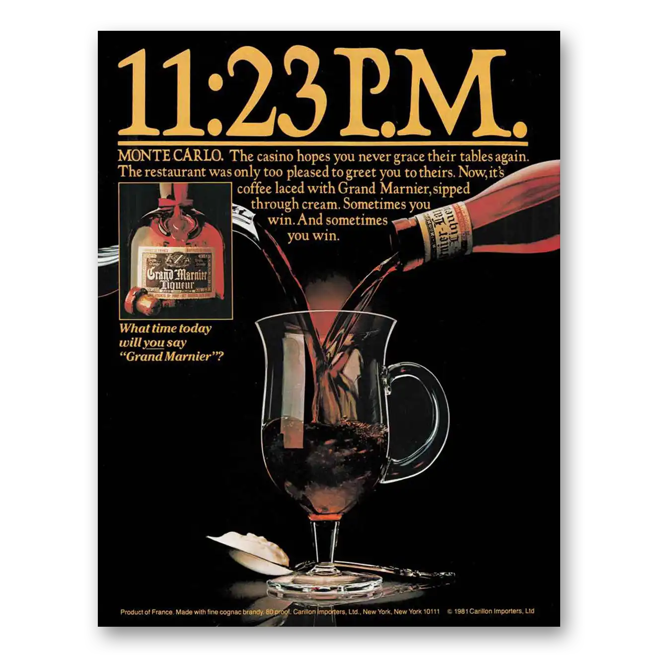 1981 Grand Marnier 11:23 PM Monte Carlo Vintage Magazine Print Ad